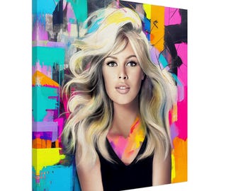 Arte mural abstracto y colorido de Brigitte Bardot, retrato de moda vibrante, decoración digital moderna (lienzo o impresión artística)