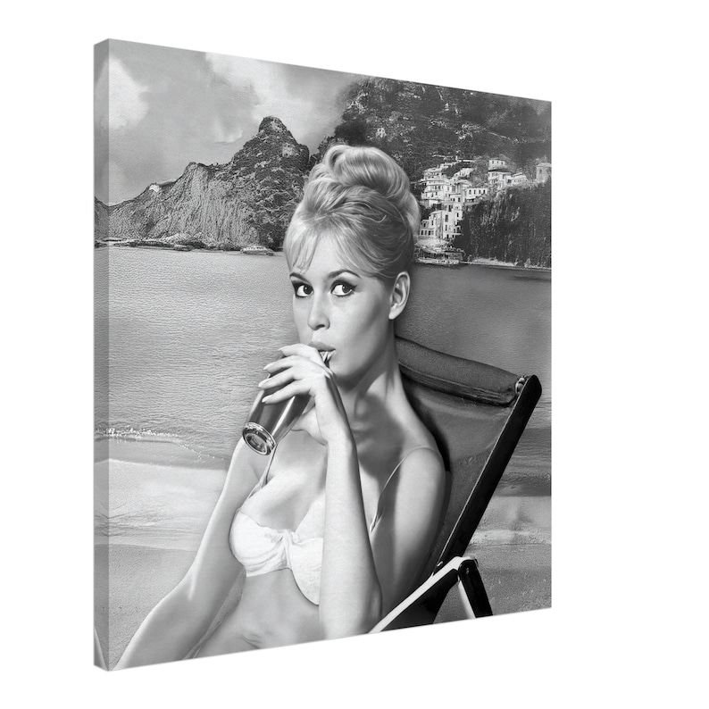 Decoración de pared con glamour retro de los años 60 en blanco y negro de Brigitte Bardot / Impresión artística vintage de la Riviera Francesa (lienzo, marco o impresión artística) imagen 1