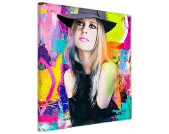 Retrato colorido de Brigitte Bardot, icono de la moda, lienzo con salpicaduras de pintura abstracta vívida para decoración de pared (lienzo o arte)