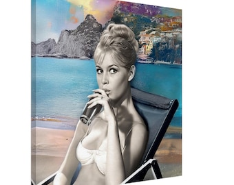 Decoración de pared con glamour retro de Brigitte Bardot de los años 60 / Lámina artística vintage de la Riviera Francesa / Costa mediterránea (lienzo, marco o lámina artística)