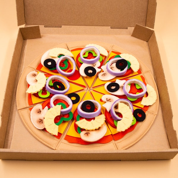 Felt Pizza food set, 8 slices with toppings, Felt food, Pretend play
