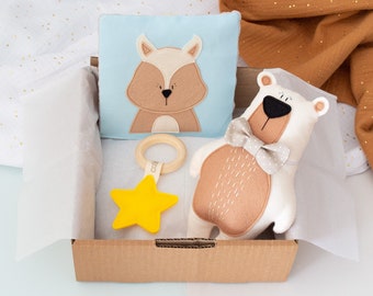 Baby Gift Box - Sensory Crinkle Toy, Woodland Stuffed Animals, Baby Teether
