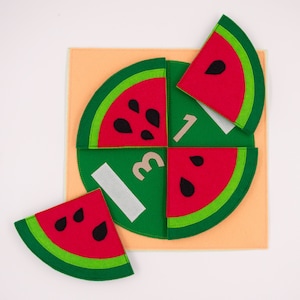 Montessori preschool activity card, educational matching game numbers with felt watermelon