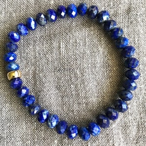 14k Solid Gold/Lapis Lazuli Diamond Cut 6mm Stretch Bracelet. Real Lapis Bracelet. Raw Lapis Bracelet, Wisdom/Communication