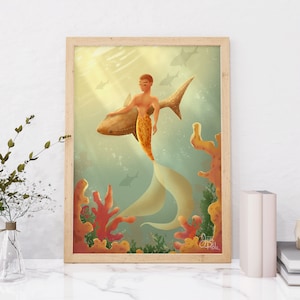 Shark Merman art print~ Merman wall decor~ Mermaid decor~ Mermaid gift