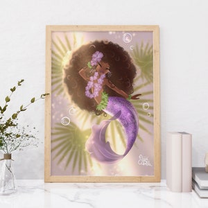 Impression d’art sirène afro-américaine : décor de chambre d’enfant enchanteur pour filles noires - peinture murale inspirée de Mermay