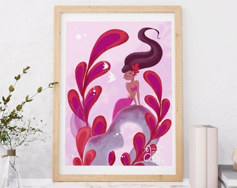 Meerjungfrau Kunstdruck~ Afrikanische amerikanische Meerjungfrau~ Meerjungfrau Wanddekoration~ Schwarze Meerjungfrau