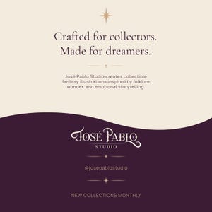 Op de afbeelding: Cr&egrave;mekleurige afbeelding met de tekst "Crafted for collectors. Made for dreamers." De afbeelding bevat ook de tekst "Jos&eacute; Pablo Studio" in een sierlijke lettertype. De onderkant van de afbeelding zegt "NEW COLLECTIONS MONTHLY".