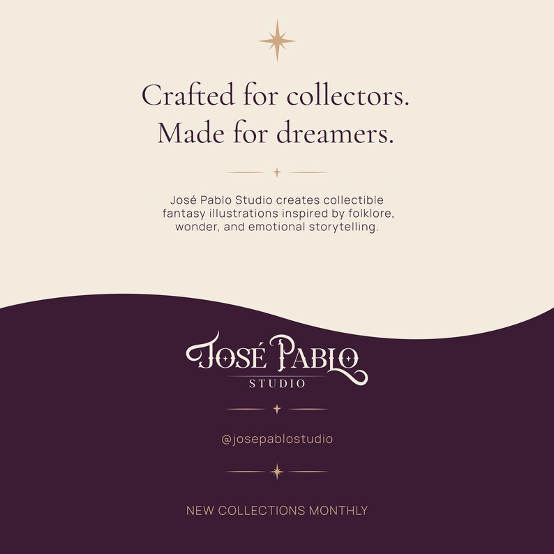 Op de afbeelding: Cr&egrave;mekleurige afbeelding met de tekst "Crafted for collectors. Made for dreamers." De afbeelding bevat ook de tekst "Jos&eacute; Pablo Studio" in een sierlijke lettertype. De onderkant van de afbeelding zegt "NEW COLLECTIONS MONTHLY".