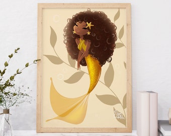 Golden Mermaid art print ~ African American Mermaid~ Mermaid Nursery~ Afro Mermaid