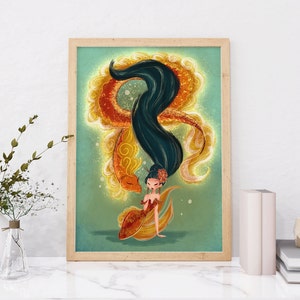 Meerjungfrau Kunstdruck ~ Meerjungfrau Gemälde ~ Meerjungfrau Wanddekoration ~ Chinesischer Drache ~ Meerjungfrau Geschenk