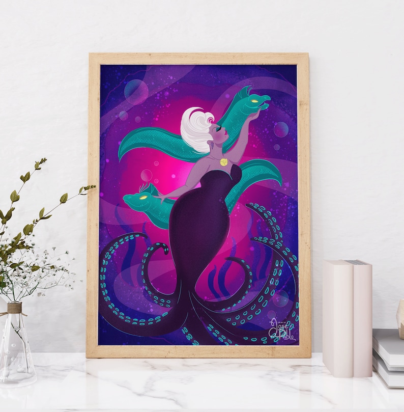 May include: A digital illustration of Ursula, the sea witch from Disney's The Little Mermaid. She is depicted as a purple-skinned mermaid with long white hair, wearing a black dress and a gold necklace. She is surrounded by green and purple tentacles.