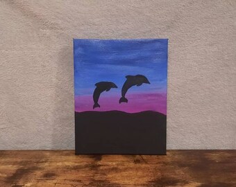 Dolphins at Play, 8x10 Acrylic Canvas Painting, Dolphin Painting