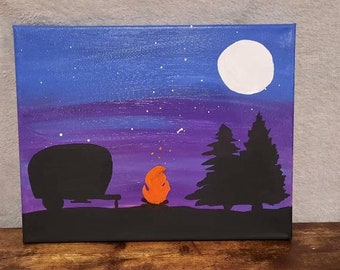 Campfire Under a Full Moon, 11x14 Canvas Painting, Unique