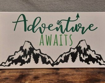 Adventure Awaits, with mountains 10x20 Canvas, Nursery Decor