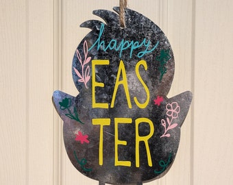 Happy Easter Galvanized Chick Shaped Plaque