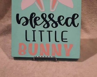 Blessed Little Bunny, Easter Decor 8x8 wood tile