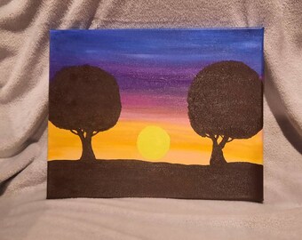 Sunset Between the Tree's, Handpainted 11x14 Canvas
