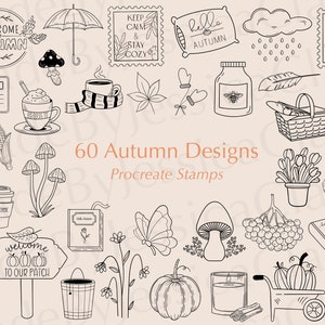 May include: A set of 60 black and white autumn-themed illustrations, including mushrooms, pumpkins, leaves, a coffee cup, a butterfly, a bee, a jar of jam, a pie, a basket, a sign that says "Welcome to our patch", and more. These illustrations are perfect for creating digital stamps for use in the Procreate app.