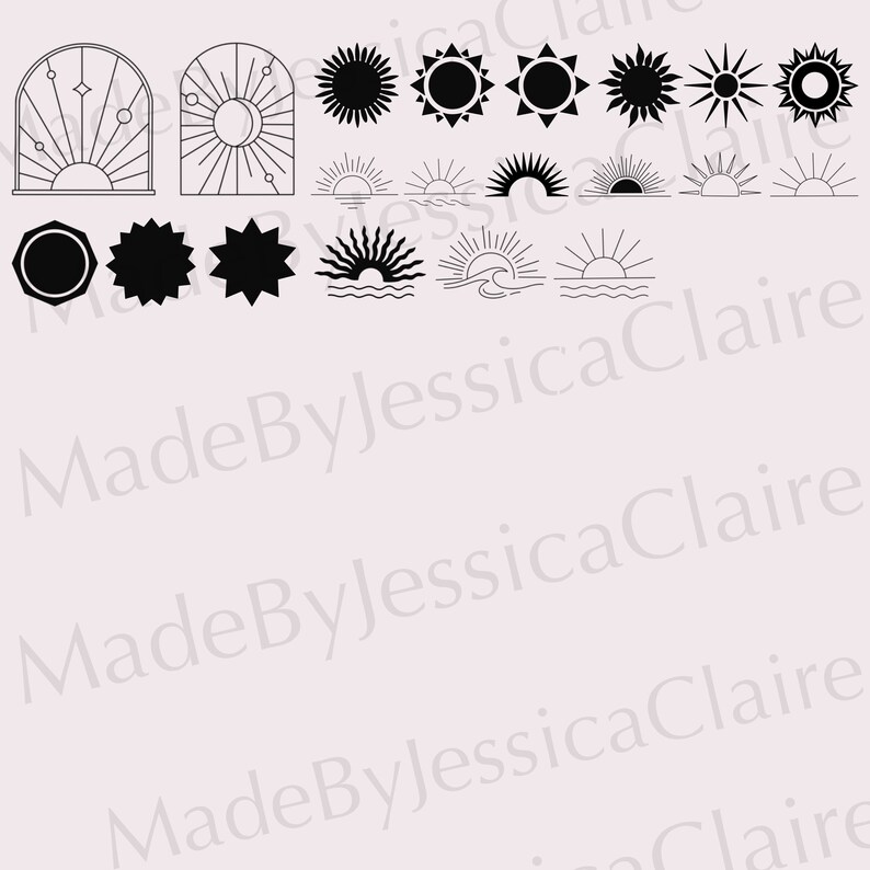 May include: A set of black and white sun and moon illustrations. The illustrations include a variety of sun and moon designs, including a sun rising over the ocean, a sun with rays, and a crescent moon. The illustrations are perfect for use in scrapbooking, card making, or other craft projects.