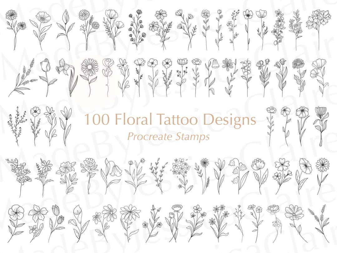 120 Flower Tattoo Procreate Stamps | Botanical Fine Line Brushes - Etsy