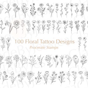 Blumen Tattoos Procreate | Rosen | Sonnenblumen | Lillys | Procreate Stempel | Feine Linien Tattoos | Paket mit Pflanzenmotiv