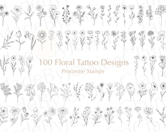 120 Flower Tattoo Procreate Stamps | Botanical Fine Line Brushes