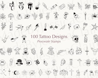 Conjunto de 100 pincéis de carimbos de tatuagem para Procreate | Rabiscos (Uso Comercial)