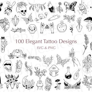 100 Elegant Tattoo Designs | SVG + PNG Tattoos | Hand-Made | Minimalistic | Floral | Fine-line | Cricut Designs