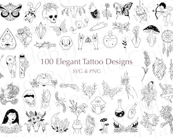 100 eleganta tatueringsdesigner | SVG + PNG-tatueringar | Handgjorda | Minimalistiska | Blommiga | Fina linjer | Cricut-designer