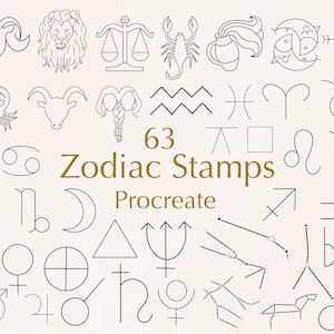 Znaczki zodiaku Pocreate | Zestaw pędzli ze znaczkami Procreate | Elementy zodiaku Procreate | Znaczki ze znakami zodiaku | Konstelacje | Aspekty zodiaku
