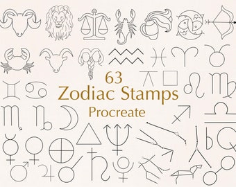 May include: A set of 63 black and white zodiac stamps for Procreate. The stamps include the 12 zodiac signs, the planets, and other astrological symbols.