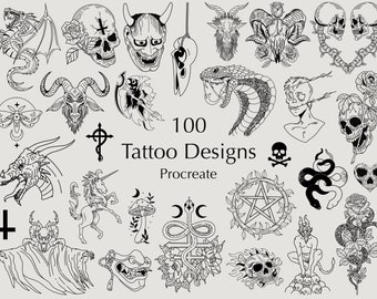 100 Tattoo Stamps Brushset for Procreate | Skulls, Snakes, Devils