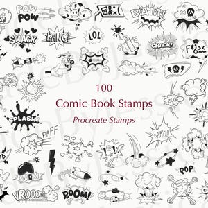 May include: A set of 100 black and white comic book stamps for Procreate. The stamps feature various speech bubbles, sound effects, and other comic book elements. The text "100 Comic Book Stamps" and "Procreate Stamps" is included in the image.