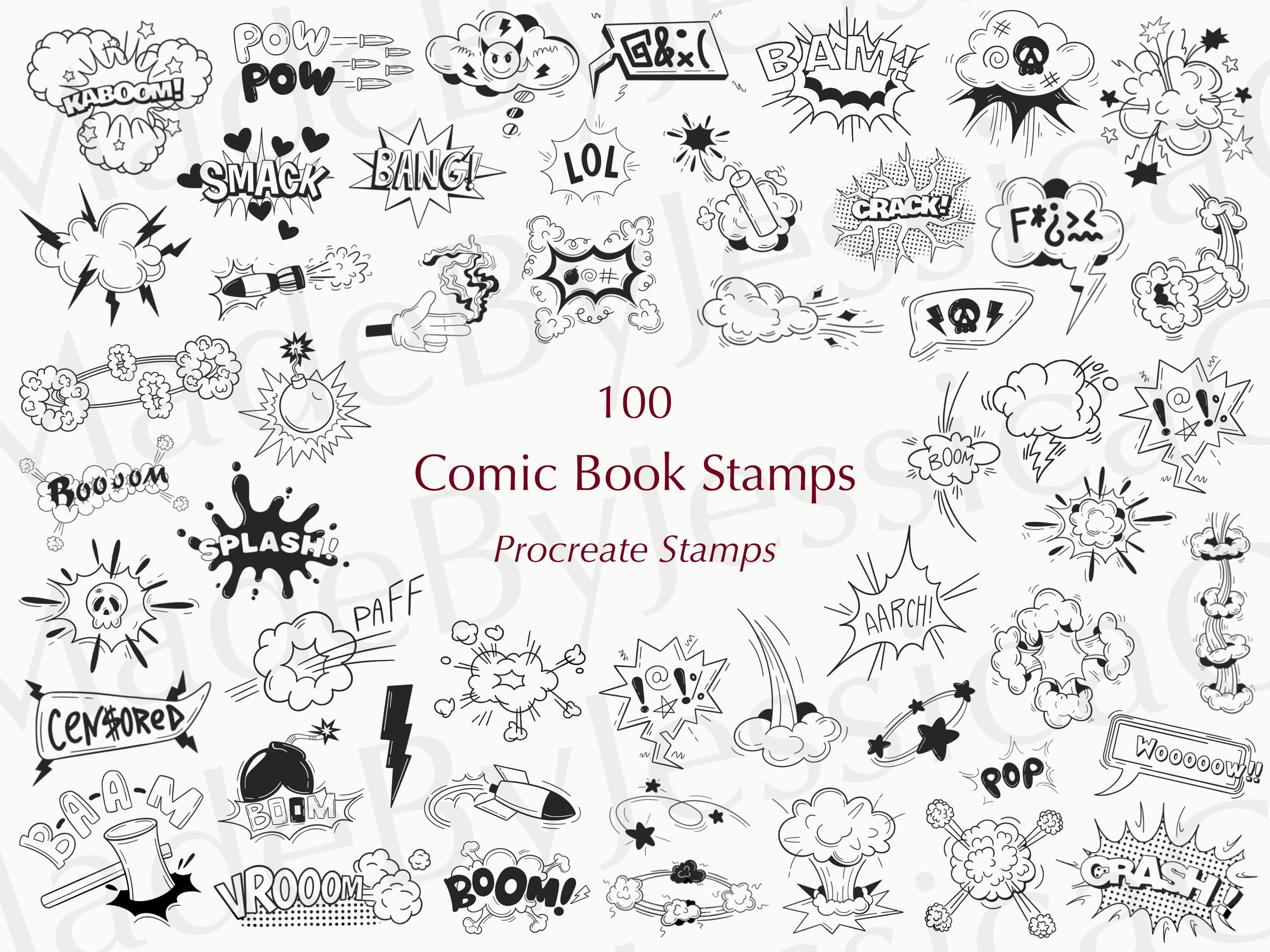 Pacote de carimbos Procreate de HQ – 100 painéis retrô, balões de fala, FX e pincéis para scrapbooks e junk journals