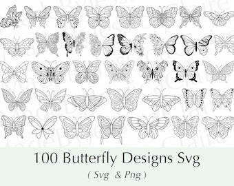 May include: A set of 100 black and white butterfly designs in SVG format. The butterflies are in various poses and styles, with intricate details and patterns. The text "100 Butterfly Designs Svg (Svg & Png)" is at the bottom of the image.