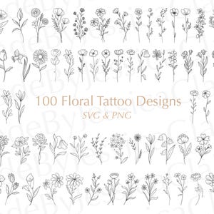 120 SVG Fine Line Floral Tattoo Designs | SVG + PNG Flower Tattoos | Fine-line Florals | Minimalistic Designs | Rose Svg | Flower clipart