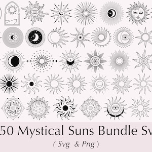 May include: A set of 150 black and white mystical sun illustrations. The suns are in various styles, including geometric, celestial, and abstract. The illustrations are perfect for use in digital and physical projects.