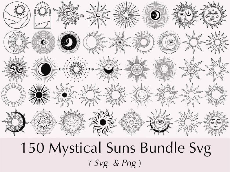 May include: A set of 150 black and white mystical sun illustrations. The suns are in various styles, including geometric, celestial, and abstract. The illustrations are perfect for use in digital and physical projects.