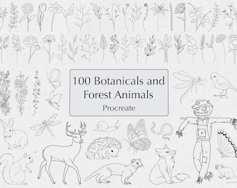 100 Procreate Flower & Animal Stamps | Brushset, Doodles (Commercial Use)