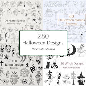 May include: A collection of digital Halloween-themed designs, including 100 horror tattoos, 60 Halloween stamps, and 20 witch designs. The image features various illustrations of ghosts, witches, and other spooky elements, with the text "280 Halloween Designs" in the center.