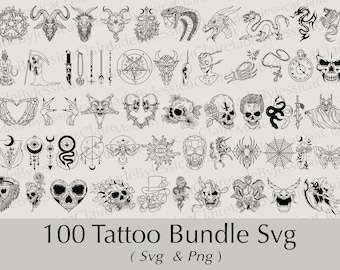 100 tatueringsdesigner SVG-paket | Dödskallar och klotter (SVG och PNG)