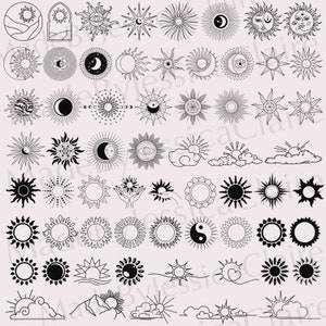 May include: A collection of 50 black and white sun and moon illustrations. The illustrations are in various styles, including geometric, abstract, and traditional. Some of the illustrations feature stars, clouds, and other celestial elements.