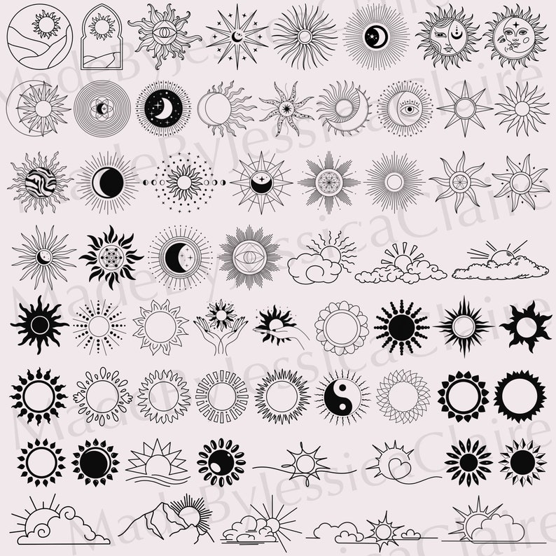 May include: A collection of 50 black and white sun and moon illustrations. The illustrations are in various styles, including geometric, abstract, and traditional. Some of the illustrations feature stars, clouds, and other celestial elements.