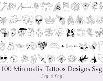Op de afbeelding: Een set van 100 minimalistische tattoo-ontwerpen in zwart en wit. De ontwerpen omvatten verschillende symbolen, zoals harten, ankers, schedels, bloemen en dieren. De ontwerpen zijn perfect voor iedereen die op zoek is naar een eenvoudige en stijlvolle tattoo.