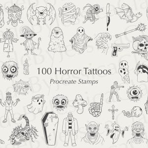 Może przedstawiać: Zestaw 100 czarno-białych ilustracji tatuaży horrorowych do Procreate. Ilustracje obejmują duchy, nietoperze, czaszki, mumie i inne straszne postacie.