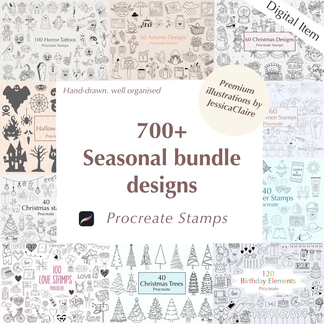 Seasonal Procreate Stamps Bundle | Procreate Brushes | Tattoo Cut File ...