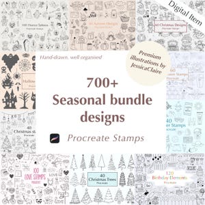 以下が含まれることがあります： 700種類以上の季節のProcreateスタンプのデジタルイラストバンドル。バンドルには、100のホラータトゥー、60の秋のデザイン、60のクリスマスデザイン、40のクリスマススタンプ、40のサマースタンプ、60のハロウィーンスタンプ、40のクリスマスツリー、120の誕生日要素が含まれています。イラストは手描きで、整理されています。