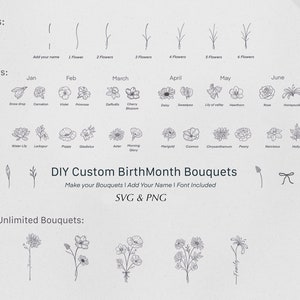 Bouquet DIY Fleurs Mois de Naissance SVG et PNG | tatouages svg | svg floral | couper le fichier | pochoir | usage commercial