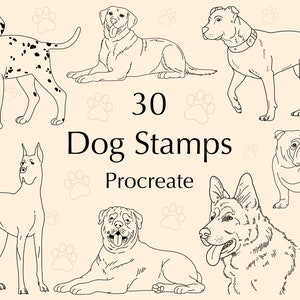 Pode incluir: Um conjunto de 30 carimbos de cães em preto e branco para Procreate. Os carimbos apresentam várias raças de cães, incluindo um dálmata, um labrador, um pitbull, um bulldog, um dogue alemão, um rottweiler e um pastor alemão.